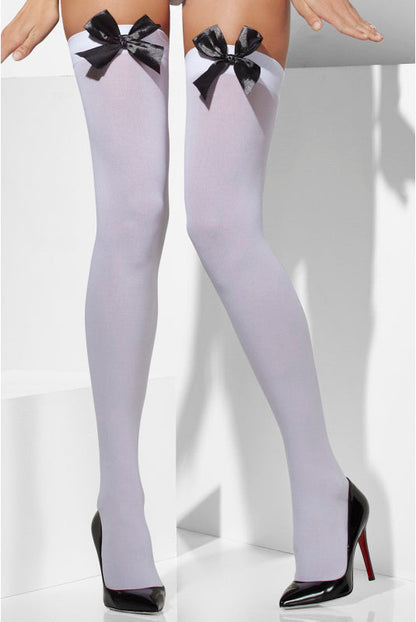 Ladies White Opaque hold-up Stockings with black bow, one size