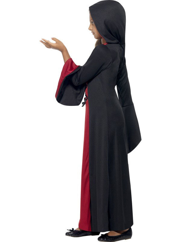 Girls Halloween Hooded Vamp Robe. Red and Black with Lace-Up detail.