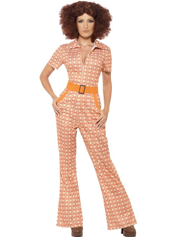 Ladies Authentic 1970s Chic Fancy Dress Costume includes jumpsuit with attached belt.