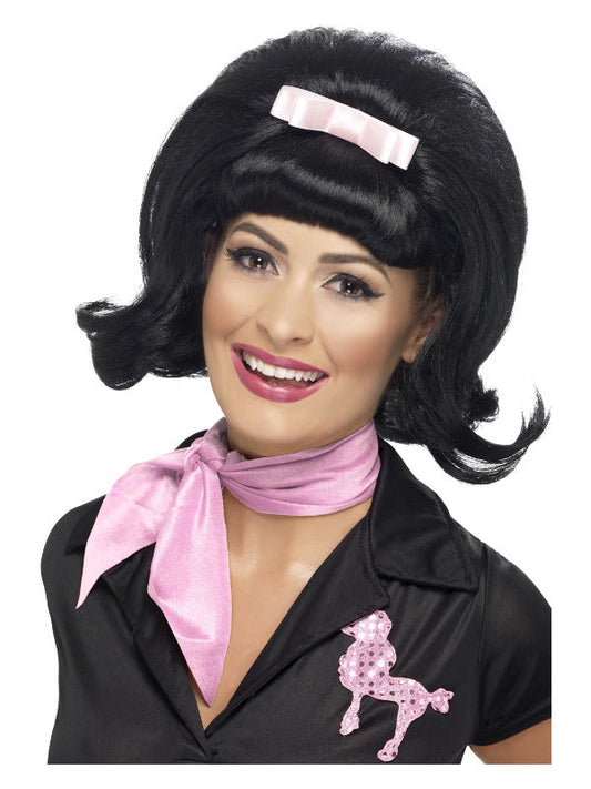 1950s Flicked Beehive Bob Wig. Black with Ribbon Bow.
