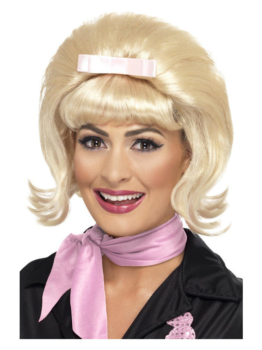 1950s Flicked Beehive Bob Wig. Blonde with Ribbon Bow.