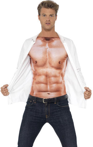 Mens Realistic Muscle Top. No Six Pack? No Problem. This long sleeve top with sublimation print is sure to fool all your friends into thinking you have been spending hours down the gym.