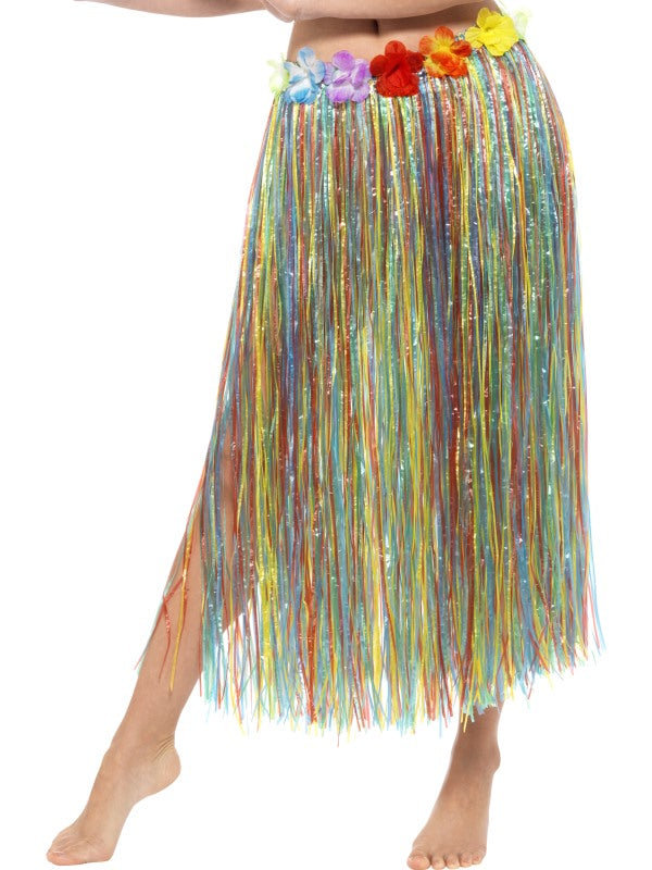 80cm Hawaiian Hula Skirt with Flowers, Multi-Colour, with Velcro Fastening and Adjustable Waist Band