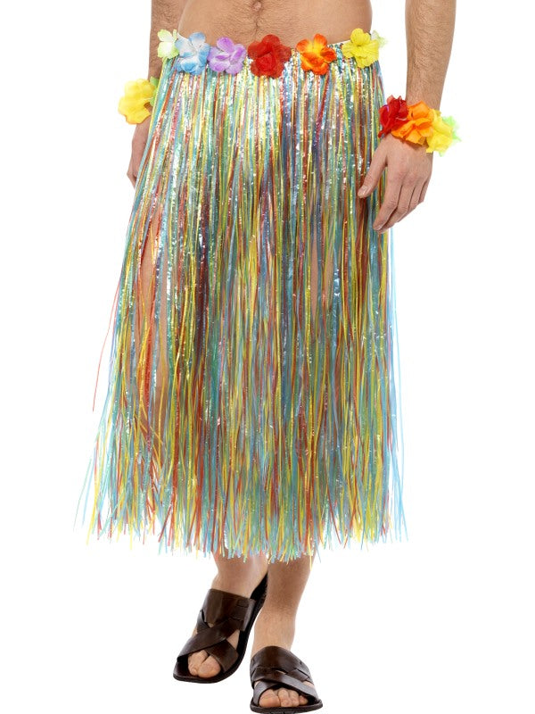80cm Hawaiian Hula Skirt with Flowers, Multi-Colour, with Velcro Fastening and Adjustable Waist Band