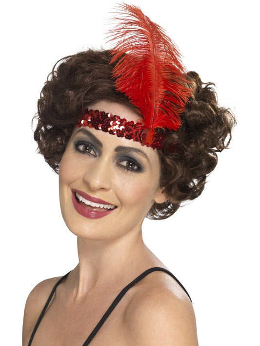 1920s Flapper Red Sequin Headband with feather