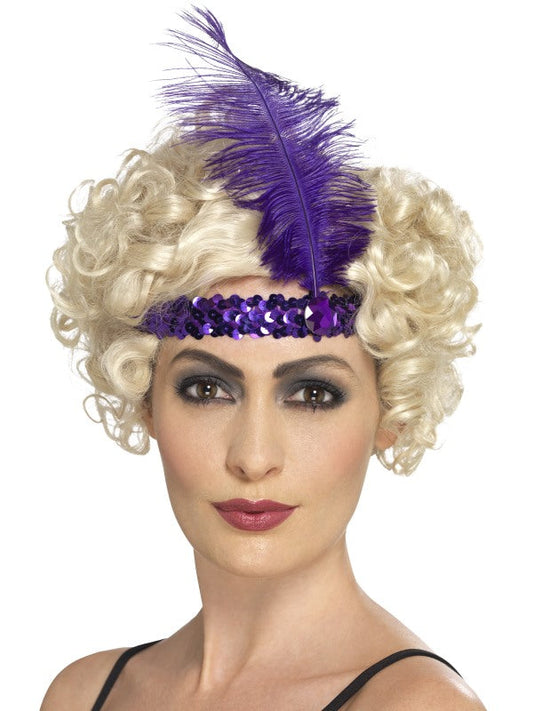 1920s Flapper Purple Sequin Headband with feather