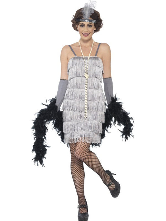 1920s Ladies Flapper Costume Silver includes dress, headband and gloves