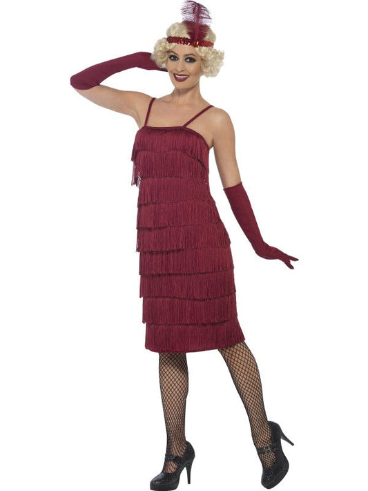 1920s Ladies Long Flapper Costume Burgundy includes dress, headband and gloves