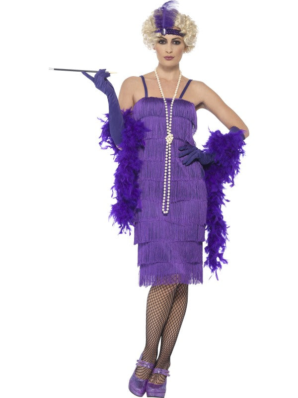 1920s Ladies Long Flapper Costume Purple includes dress, headband and gloves