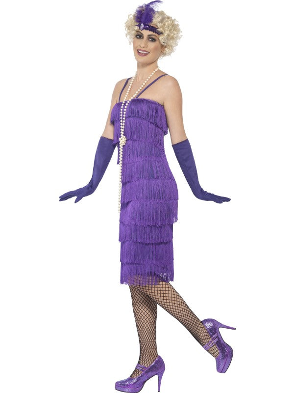 1920s Ladies Long Flapper Costume Purple includes dress, headband and gloves