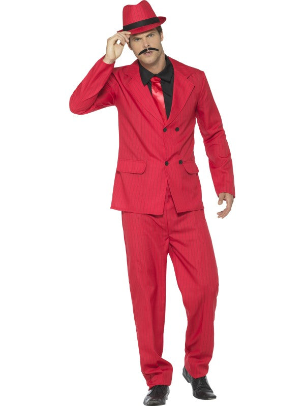 Mens Red Zoot Suit includes jacket, trousers, hat, mock shirt and tie
