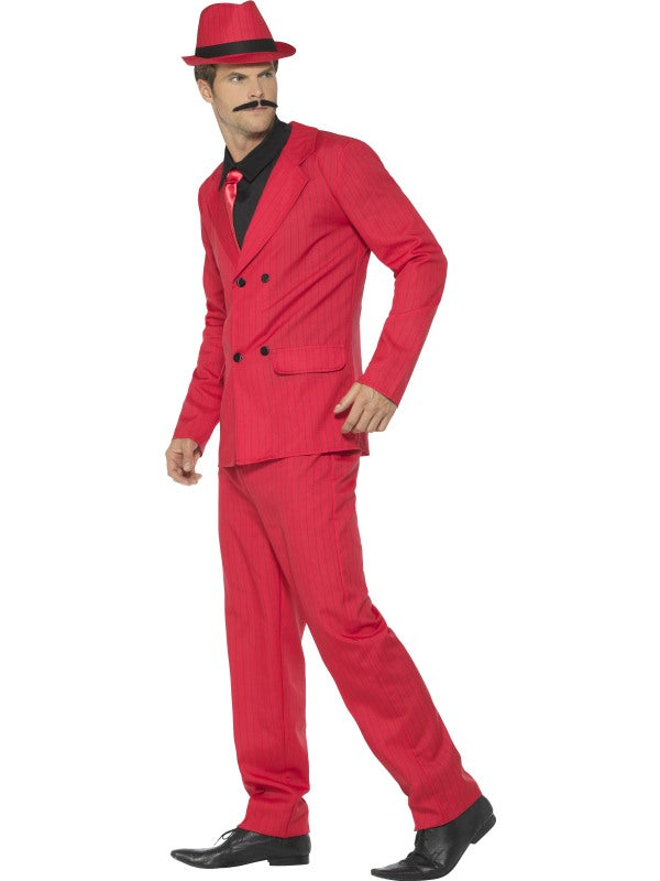Mens Red Zoot Suit includes jacket, trousers, hat, mock shirt and tie