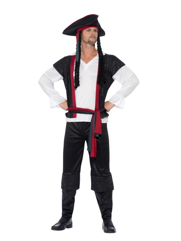 Mens Aye Aye Pirate Captain Fancy Dress Costume includes top| trousers| tie and hat with hair