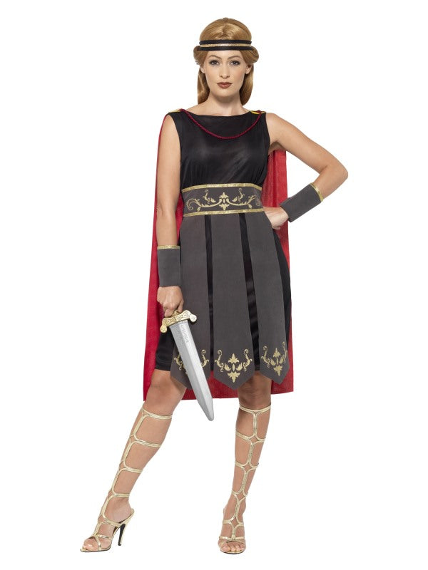Ladies Roman Warrior Gladiator Fancy Dress Costume includes dress with attached cape, arm cuffs and headband