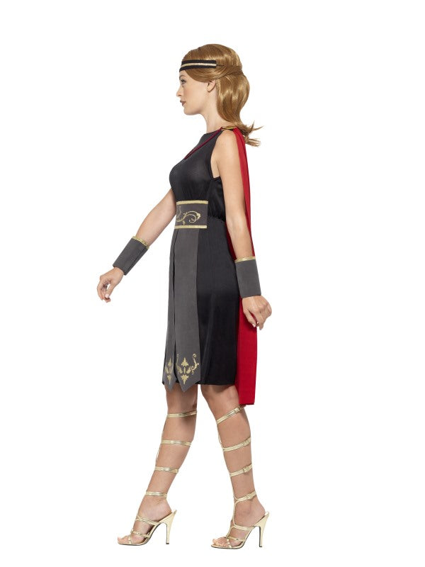 Ladies Roman Warrior Gladiator Fancy Dress Costume includes dress with attached cape, arm cuffs and headband