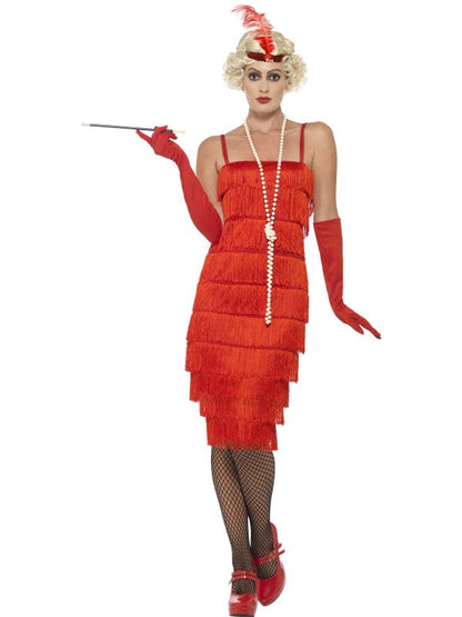 1920s Ladies Long Flapper Costume Red includes dress, headband and gloves