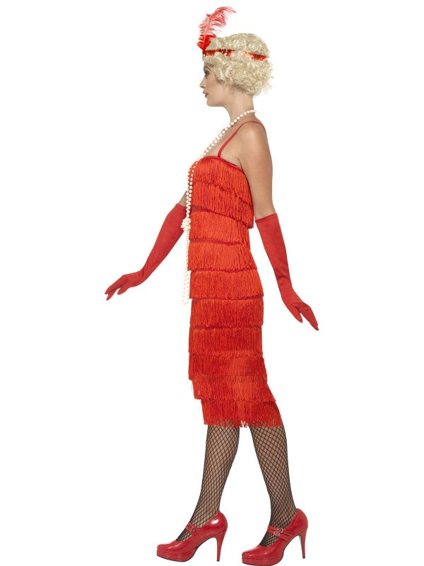 1920s Ladies Long Flapper Costume Red includes dress, headband and gloves