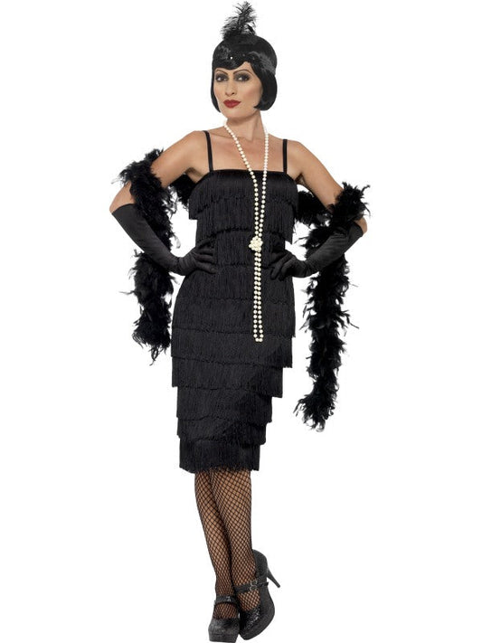1920s Ladies Long Flapper Costume Black includes dress, headband and gloves