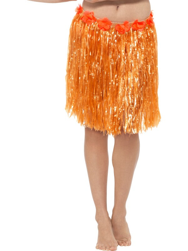 Neon Orange Hawaiian Hula Skirt with Flowers. With Velcro fastening and adjustable waistband.