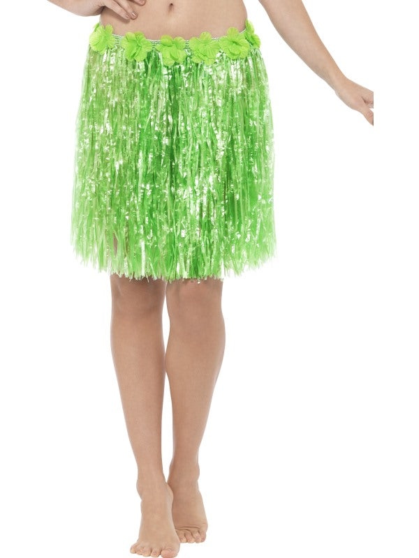 Neon Green Hawaiian Hula Skirt with Flowers. With Velcro fastening and adjustable waistband.