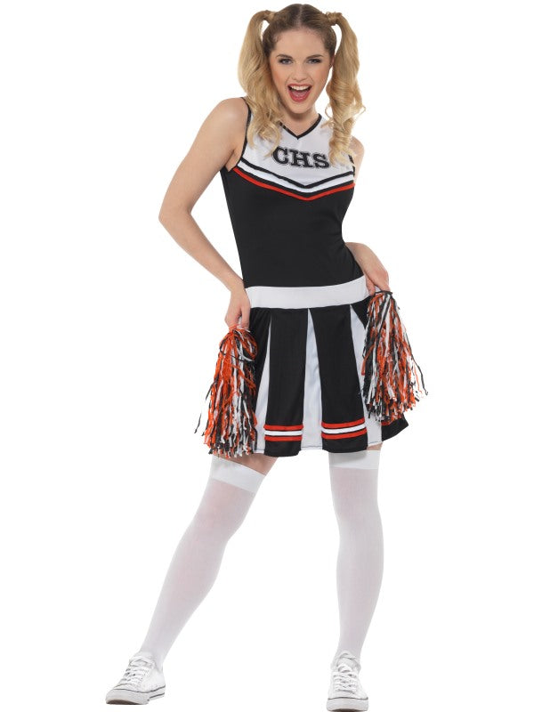 Ladies Black Cheerleader Costume includes dress and pom poms