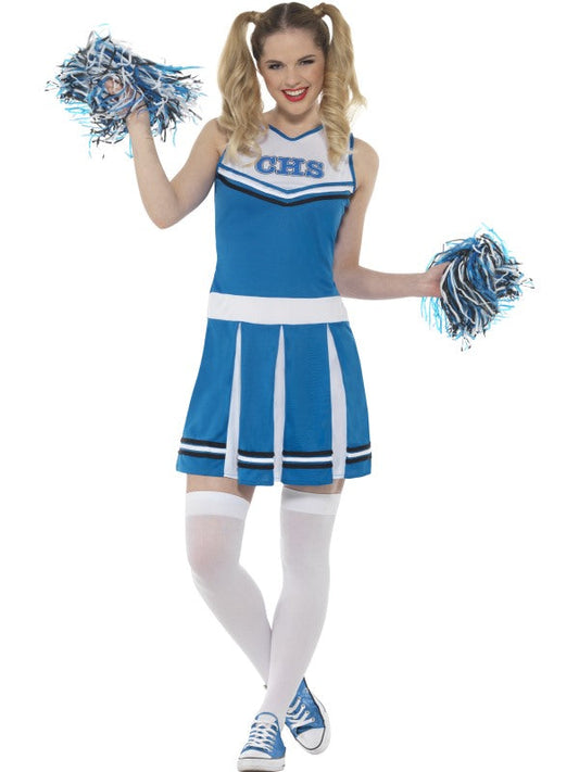 Ladies Blue Cheerleader Costume includes dress and pom poms