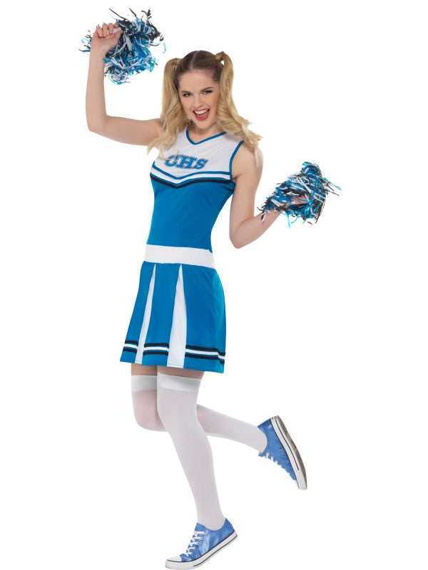 Ladies Blue Cheerleader Costume includes dress and pom poms
