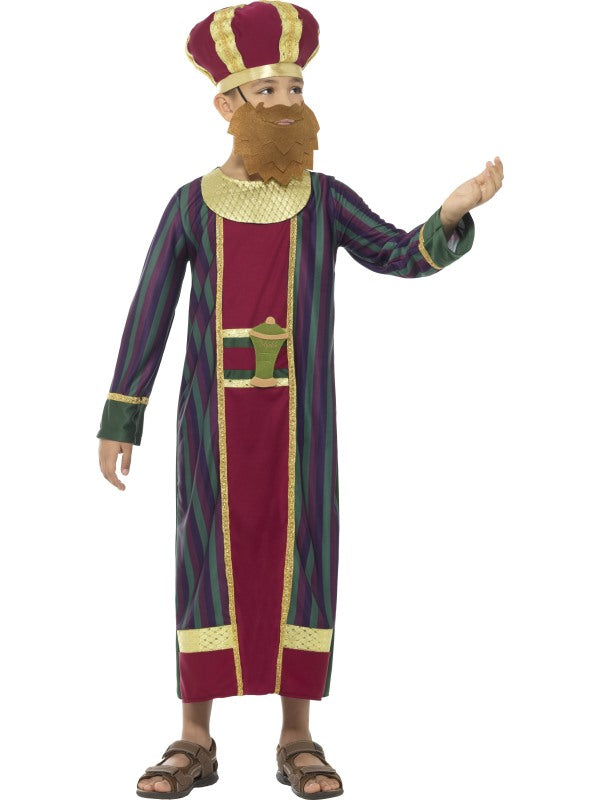 Child Nativity King Balthazar Costume includes robe, hat, beard, belt and attached myrhh bottle