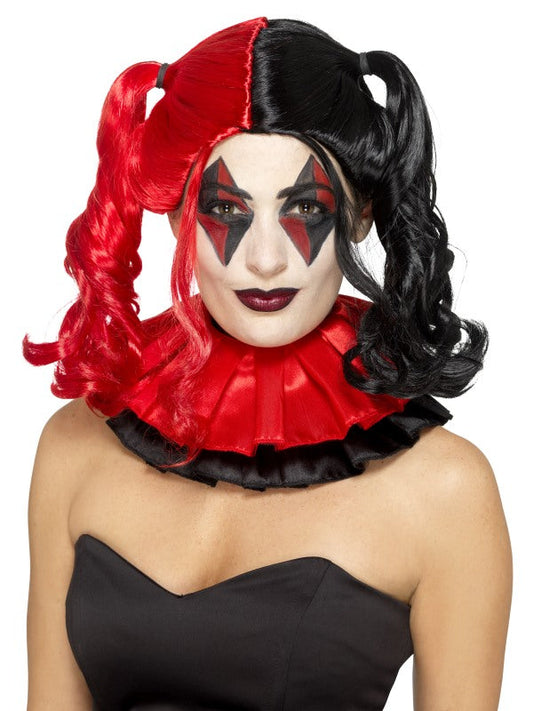 Twisted Harlequin Wig, Black and Red, with Bunches