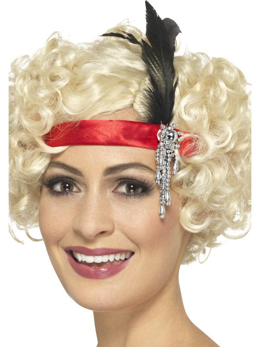 1920s Red Satin Charleston Flapper Headband with feather and jewel detail.