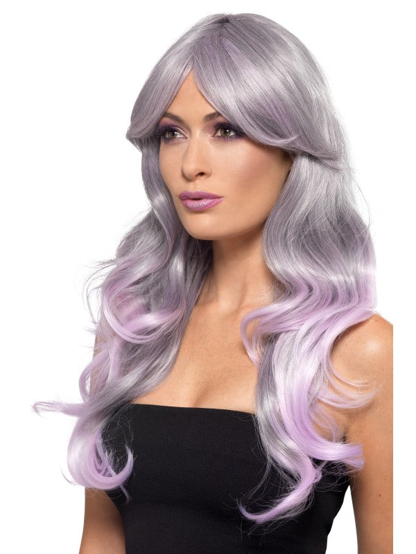 Grey and Pastel Pink Wavy, Long Fashion Ombre Wig. Heat-resistant and styleable
