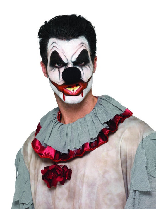 Killer Clown Cosmetic Kit includes aqua facepaints with 3 colours, blood, nose, teeth and sponge, brush