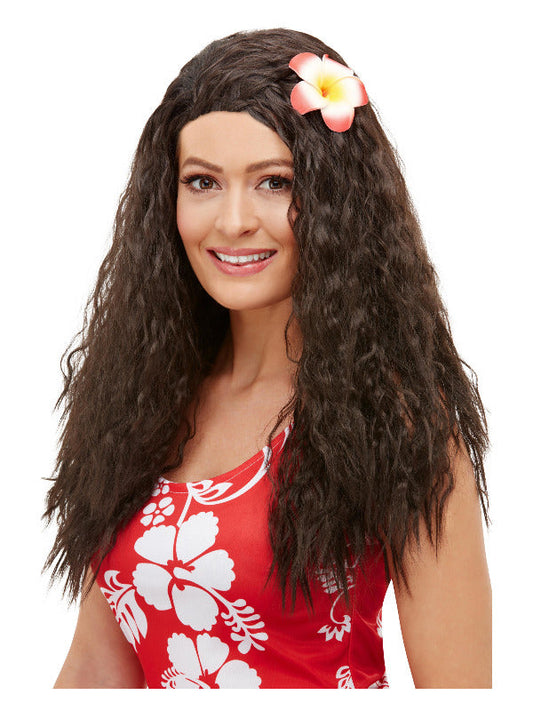 Ladies Hawaiian Wig, Brown with flower