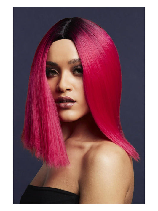 Fever Kylie Wig, Two Toned Blend, Magenta Pink, Inverted Long Bob, Centre Parting, 37cm/ 15in