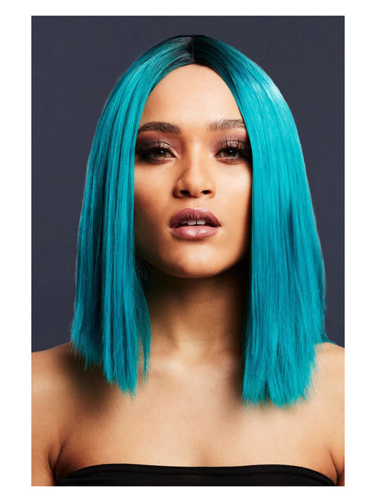 Fever Kylie Wig, Two Toned Blend, Teal, Inverted Long Bob, Centre Parting, 37cm/ 15in