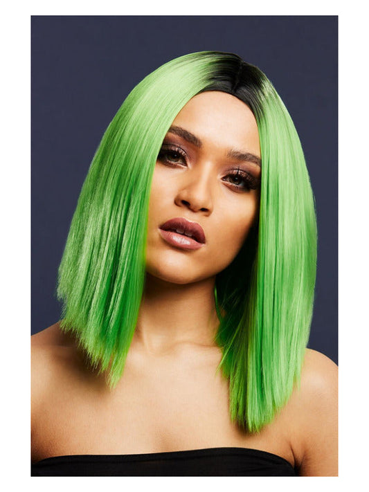 Fever Kylie Wig, Two Toned Blend, Lime Green, Inverted Long Bob, Centre Parting, 37cm/ 15in