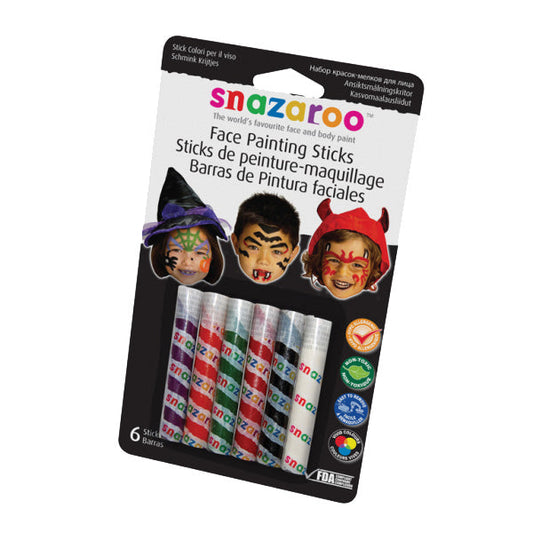 Snazaroo Halloween Sticks Face Painting Sticks are easy to use on-the-go as they are designed to be applied without water. They are hypo-allergenic and non-toxic, and easily wash off with soap and water. The novel shape of the Sticks allows both precise lines and the filling in of larger spaces to create a multitude of designs.
